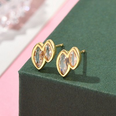 Double Horse Eye Brass Micro Pave Clear Cubic Zirconin Stud Earrings EJEW-D318-06G-1