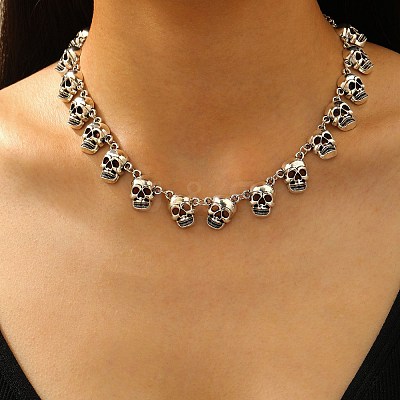 Halloween Skull Alloy Bib Necklaces for Women NJEW-A061-01AS-1