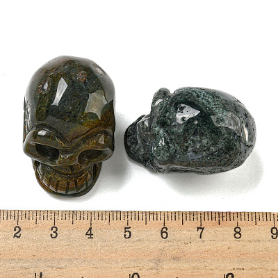 Halloween Natural Moss Agate Skull Figurines DJEW-L021-01A-1