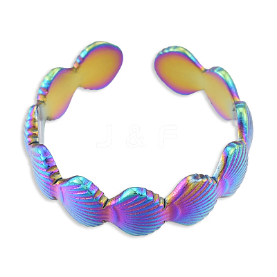 Ion Plating(IP) 304 Stainless Steel Shell Wrap Open Cuff Ring for Women RJEW-N038-100M-1