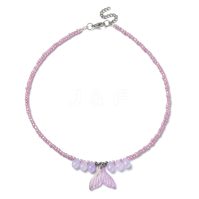 Glass Whale Tail Pendant Necklace with Beaded Chains NJEW-JN04351-1