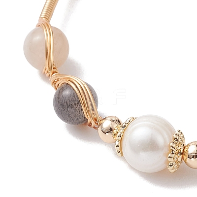 Natural Moonstone Round Beaded Cuff Bangle BJEW-JB10113-01-1