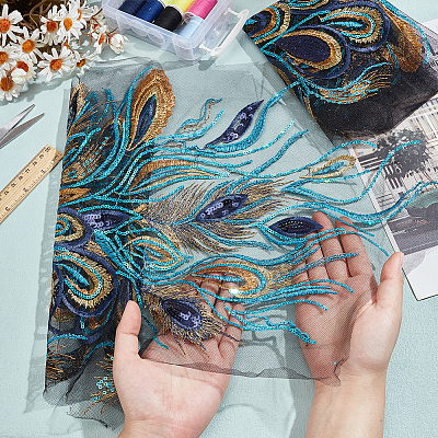 Phoenix Tail Pattern Polyester Lace with PVC Embroidered Fabric SENE-WH0003-38-1