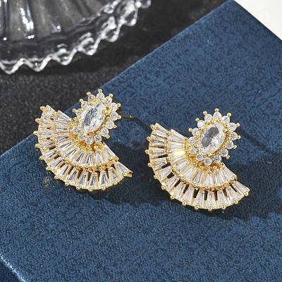 Fan-Shaped Brass & Clear Cubic Zirconia Stud Earrings for Women KK-CBA36A2-13G-1