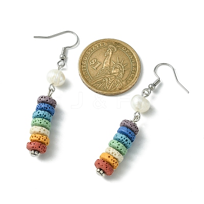 Natural Pearl & Dyed Lava Rock Disc Beaded Dangle Earrings EJEW-JE05563-1