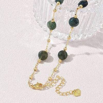 Natural Moss Agate Faceted Flat Round Beaded Chain Necklaces with Matte Brass Beads GG-CBA37F5-01G-03-1