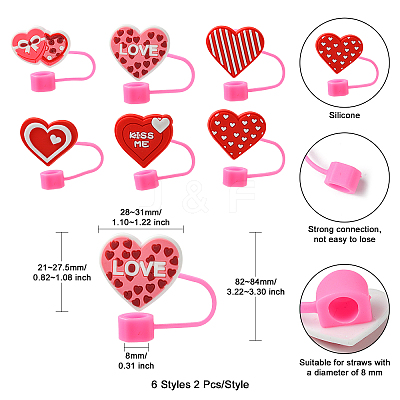 12Pcs 6 Styles Valentine's Day Theme PVC & Silicone Dustproof Straw Cap AJEW-CJ0001-26-1