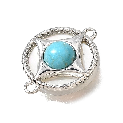 Synthetic Turquoise & Natural Shell Brass Flat Round Links Connector Charms KK-N289-16P-02-1