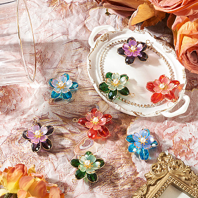 8Pcs 4 Colors Glass Pendants PALLOY-TA00350-1