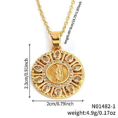 Vintage Brass Pave Cubic Zirconia Hollow Round Religion Virgin Mary Pendant Necklaces for Women EZ3168-1-1