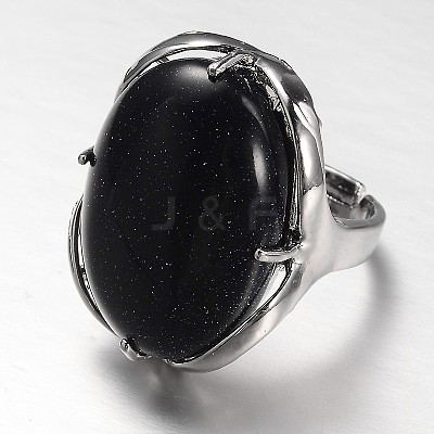 Adjustable Oval Brass Synthetic Blue Synthetic Goldstone Wide Band Rings RJEW-L062-03M-1
