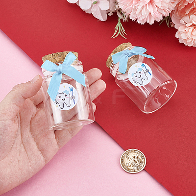2Pcs Column Transparent Glass Baby Boy Teeth Empty Cork Bottles with Bowknot and Plastic Tooth Picture Stickers AJEW-NB00016-1