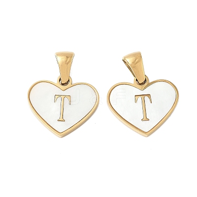 304 Stainless Steel Pave Natural White Shell Heart with Initial Slice Pendants STAS-R168-25G-T-1