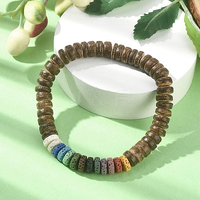 Dyed Natural Lava Rock & Coconut Rondelle Beaded Stretch Bracelet BJEW-JB09678-1