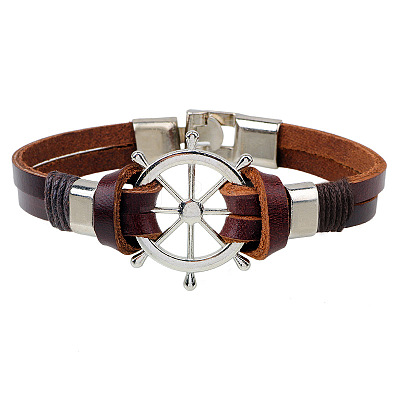 Helm Alloy Leather Cord Link Bracelets BJEW-P0001-13-1