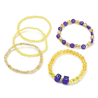 5Pcs 5 Style Natural Citrine & Lampwork Evil Eye & Seed Beaded Stretch Bracelets Set BJEW-JB09616-02-1