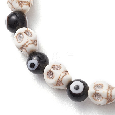 Halloween Dyed Synthetic Turquoise Skull & Lampwork Evil Eye Round Beaded Stretch Bracelets for Women Men BJEW-JB12268-01-1