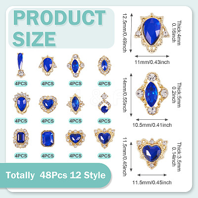 48Pcs 12 Styles Alloy Rhinestone Cabochons MRMJ-TA0001-45C-1