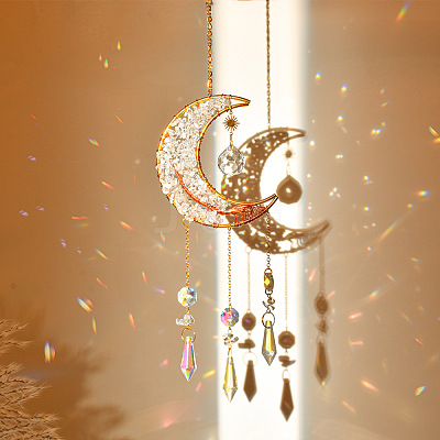 Natural Rose Quartz Chip & Brass Moon Hanging Suncatcher Pendant Decoration PW23041122417-1