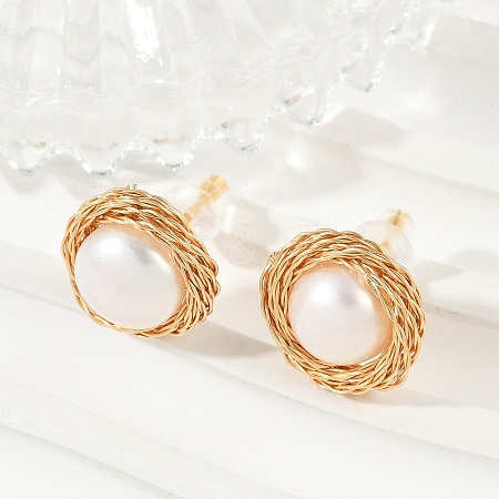 Flat Round Brass Imitation Pearl Stud Earrings KK-D301-10G-1