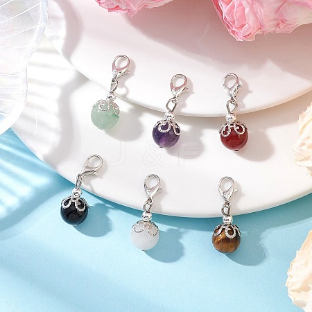 6Pcs Round Natural Black Onyx & Carnelian & Amethyst & Tiger Eye & Green Aventurine & White Jade Pendant Decorations HJEW-JM03831-02-1