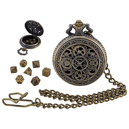 Vintage Alloy Flat Round Hollow Pocket Watch with Brass Curb Chain AJEW-PH0007-68AB-1