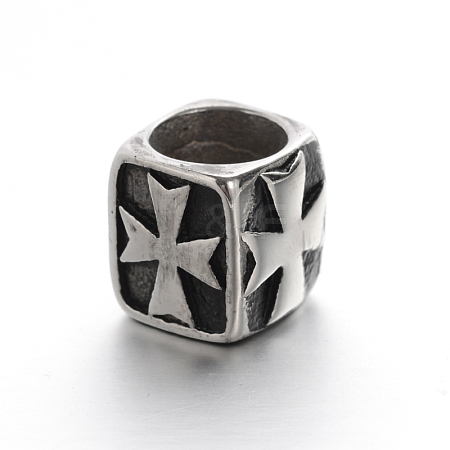 Retro Smooth 304 Stainless Steel Large Hole Cube Beads with Cross STAS-I031-28-1