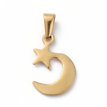  Jewelry Beads Findings 304 Stainless Steel Pendants, Moon with Star, Golden, 21x15x1.5mm, Hole: 8x3mm