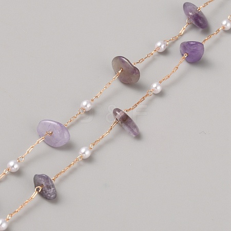 Natural Amethyst Chips & ABS Plastic Imitation Pearl Beaded Chains CHC-TAC0010-04-1