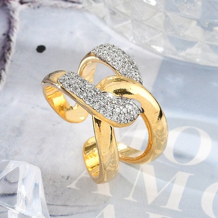 Brass Micro Pave Clear Cubic Zirconia Cuff Rings for Women RJEW-R011-11G-02-1