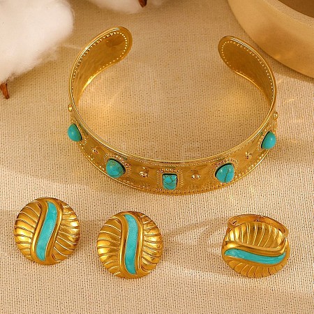 Synthetic Turquoise Cuff Bangles & Finger Ring & Stud Earrings Sets FS-WGB9654-04-1