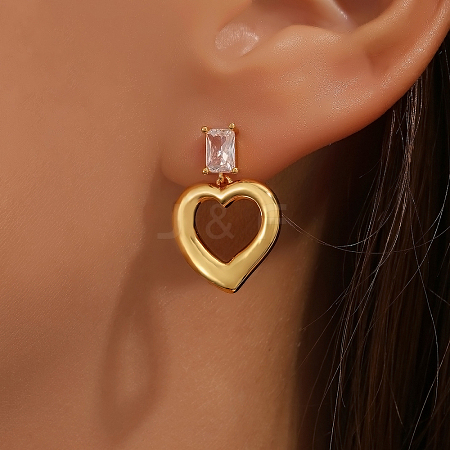 Brass Clear Cubic Zirconia Heart Stud Earrings JP3857-1