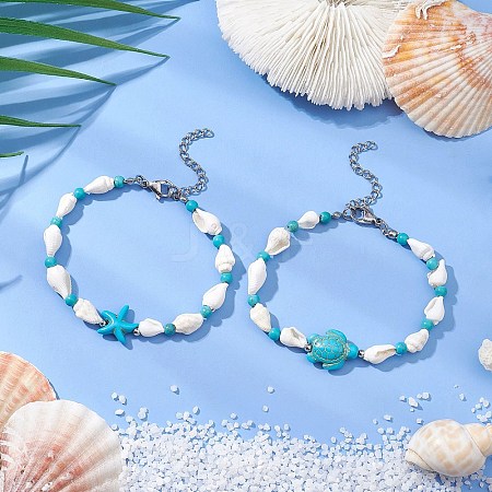 2Pcs 2 Styles Shell Beaded Bracelets BJEW-TA00586-01-1