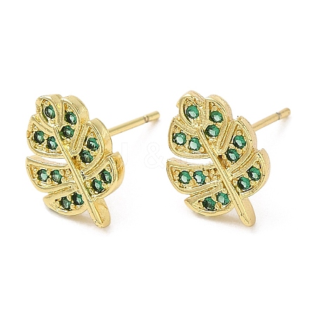 Rack Plating Brass Leaf Stud Earrings with Cubic Zirconia EJEW-D061-05G-1