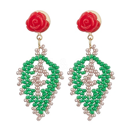 Rose with Leaf Seed Beads Stud Earrings EJEW-MZ00222-03-1