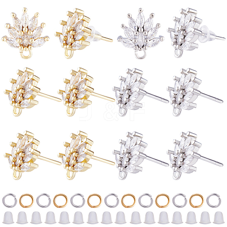 CREATCABIN 12Pcs 2 Color Brass Pave Clear Cubic Zirconia Flower Stud Earring Findings DIY-CN0002-79-1