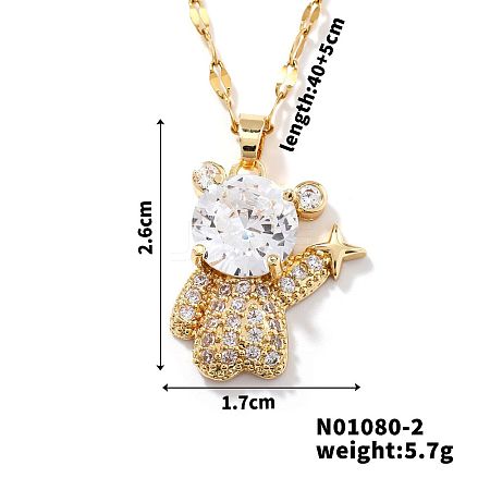 Brass Clear Cubic Zirconia Shiny 3D Bear Pendant Necklaces PZ7531-2-1