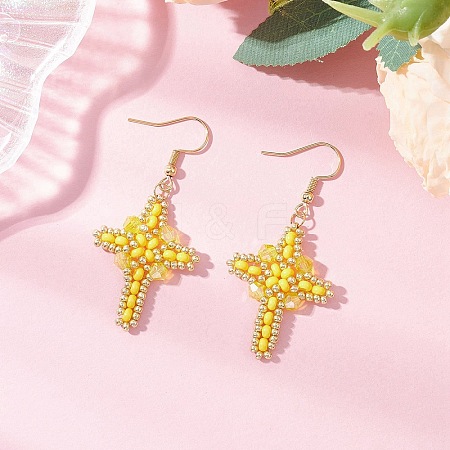 304 Stainless Steel Glass Seeds Cross Dangle Earrings EJEW-MZ00506-05-1