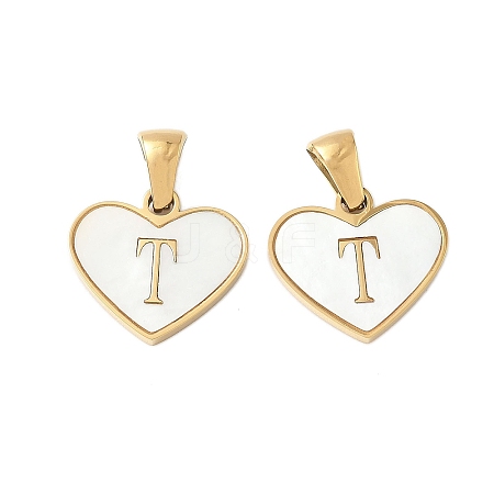 304 Stainless Steel Pave Natural White Shell Heart with Initial Slice Pendants STAS-R168-25G-T-1
