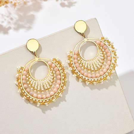 Flat Round 304 Stainless Steel Glass Seed Beads Dangle Stud Earrings FS-WG93AED-02-1
