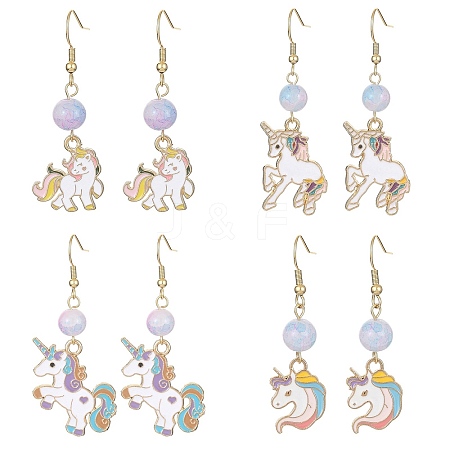 Alloy Enamel Unicorn Dangle Earrings with Glass Beaded EJEW-JE05335-1