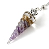 Resin Dowsing Pendulum Pendants with Natural Amethyst Chips inside and Iron Chain & Alloy Caps GG-CBAEAD2-01B-3