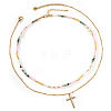 Colorful Natural Mixed Stone and Imitaiton Pearl Beaded Double Layered Necklaces with Stainless Steel Religion Cross Pendant MK2269-6