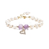 Natural Amethyst & Pearl Beaded Bracelet with Cubic Zirconia Heart Charm BJEW-JB08167-01-1