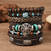 6Pcs 6 Styles Wood & Synthetic Turquoise Beaded Stretch Bracelets & Alloy Synthetic Turquoise Link Bracelets & Retro PU Leather Cord Bracelets for Men's FS-WG129F8-09-1