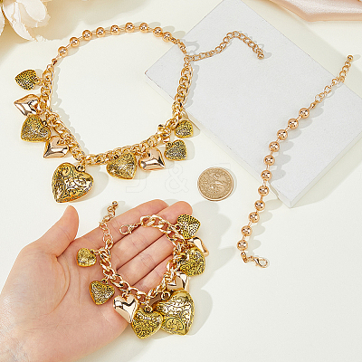 CCB Plastic Graduated Heart Pendant Aluminum Twisted Chain Necklaces & Brass Charm Bracelets & Round Beaded Bracelets Sets for Women SJEW-DC0001-02-1