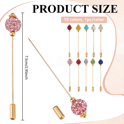 10Pcs 10 Colors Polymer Clay Rhinestone Round Ball Brass Lapel Pins JEWB-BC00011-1