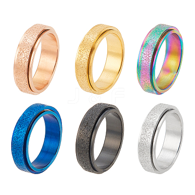 6Pcs 6 Colors Textured Stainless Steel Rotating Finger Rings Set RJEW-AN0001-08-1