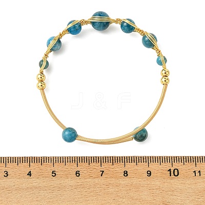 Herringbone Wire-Wrapped Natural Apatite Brass Cuff Bangles BJEW-JB14039-01-1