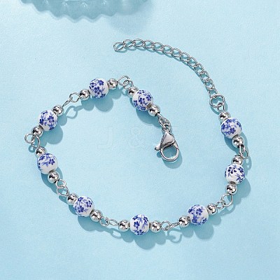 Round Flower Printed Porcelain Ceramic Beads Link Chain Bracelets for Women BJEW-JB12684-02-1